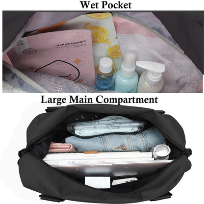 37L Waterproof Duffle Bag for Women, Tear-Resistant Gym Travel Bag with Adjustable Shoulder Strap & Trolley Sleeve, Airline Approved Carry-On Weekender Bag with Wet/Dry Pocket, Black